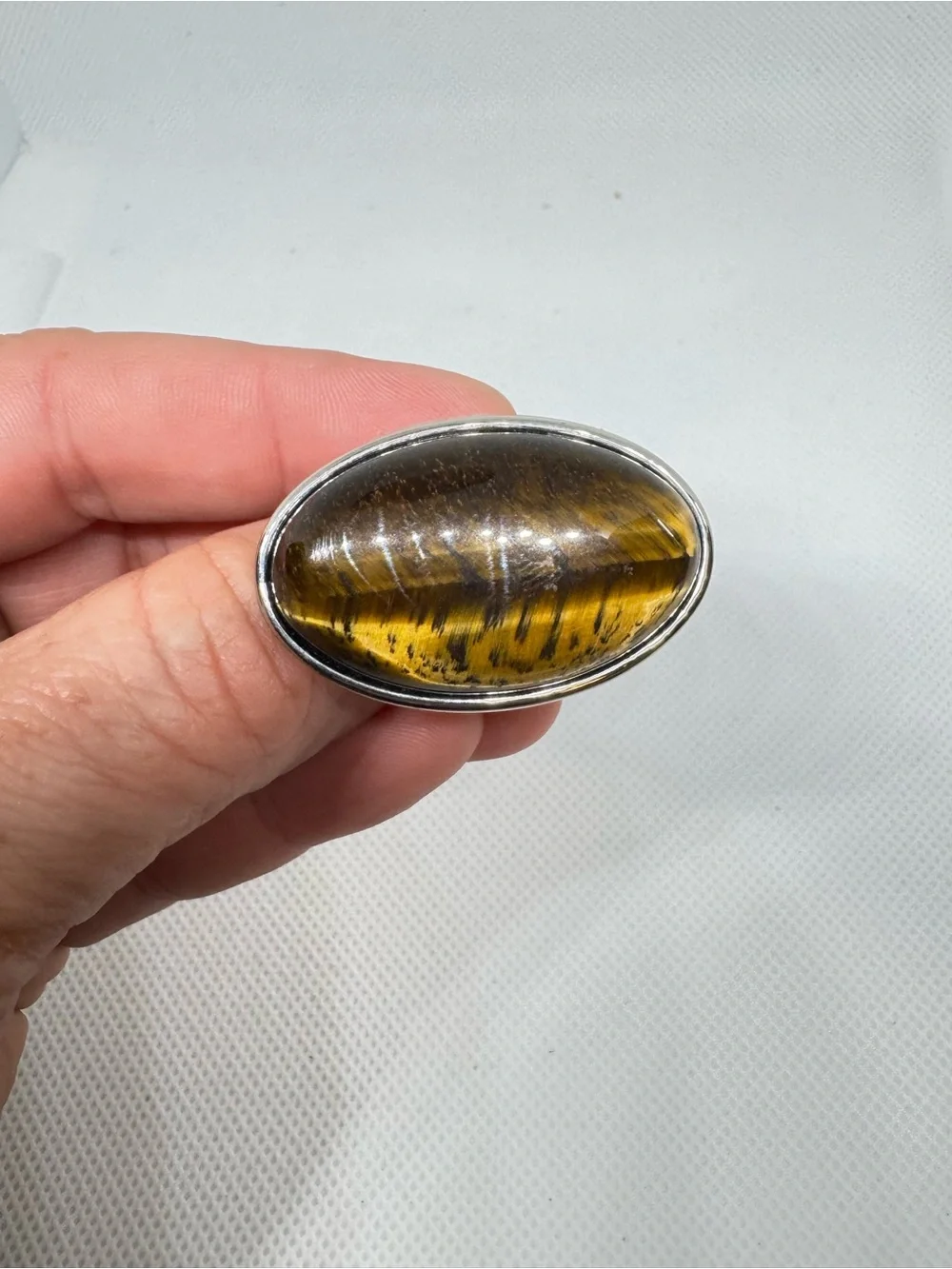Large Genuine Tiger’s Eye Oval Statement Ring Silver Tone Size 6.5
